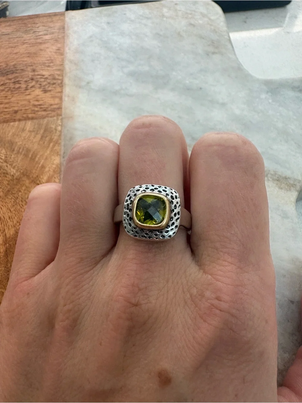Vintage Gold Plated Ring with Olive Green Gemstone - Size 9